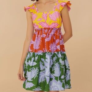Unworn Farm Rio Mixed Tropical Swing Mini Dress in Yellow Multi